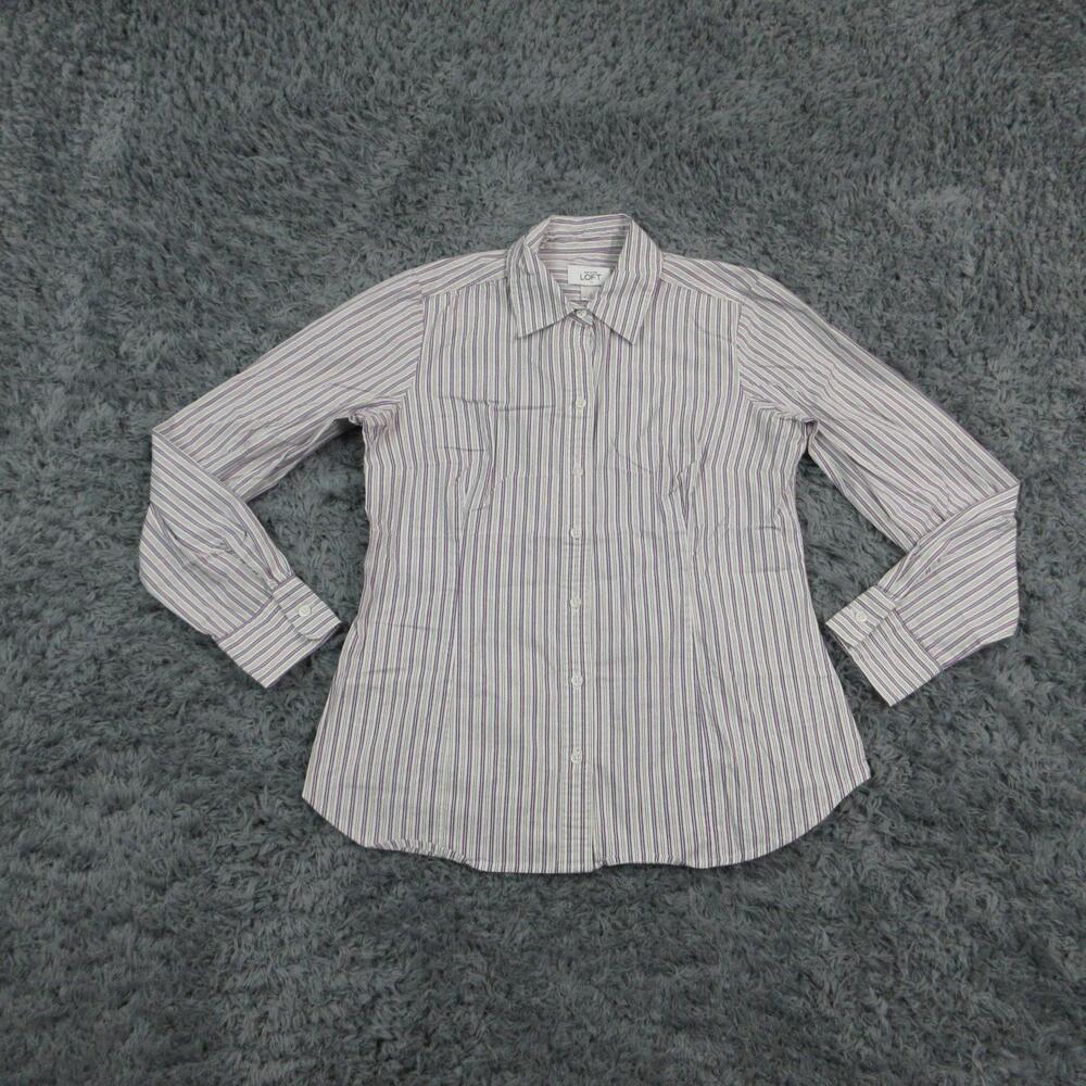 Ann Taylor LOFT Button Up Shirt Womens 4 White Striped Slim Fit Long Sleeve
